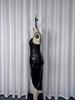 2025 Chic European & American PU Leather Spaghetti Strap Ruched Waist Slit Dress