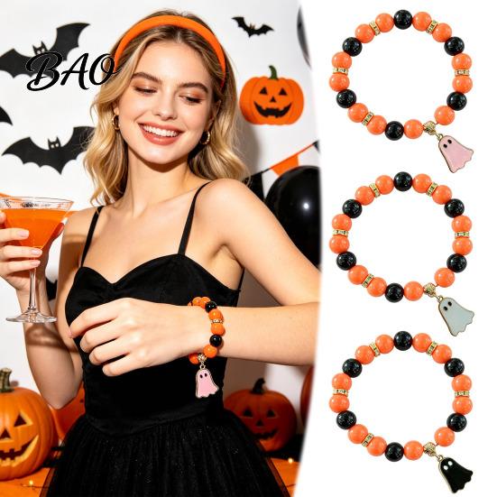 Handmade Beaded Elastic Wristbands Halloween Bracelet for Women, Orange Black Beads Stretch Stylish Holiday Accessory Girls with Ghost Charm,