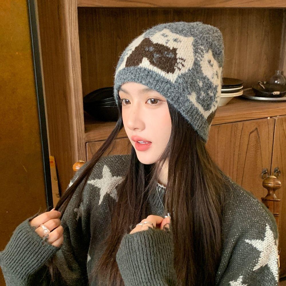 Warm Jacquard Pattern Beanies Fair Isle Style Printing Knit Cap Jacquard Cat Knitted Hat Girls