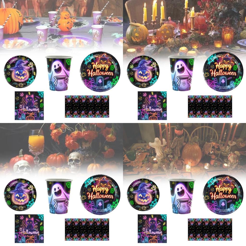 Spooky Halloween Themed Disposable Dinnerware Set For 12 Includes Paper Plates Cups Napkins And Table Cover