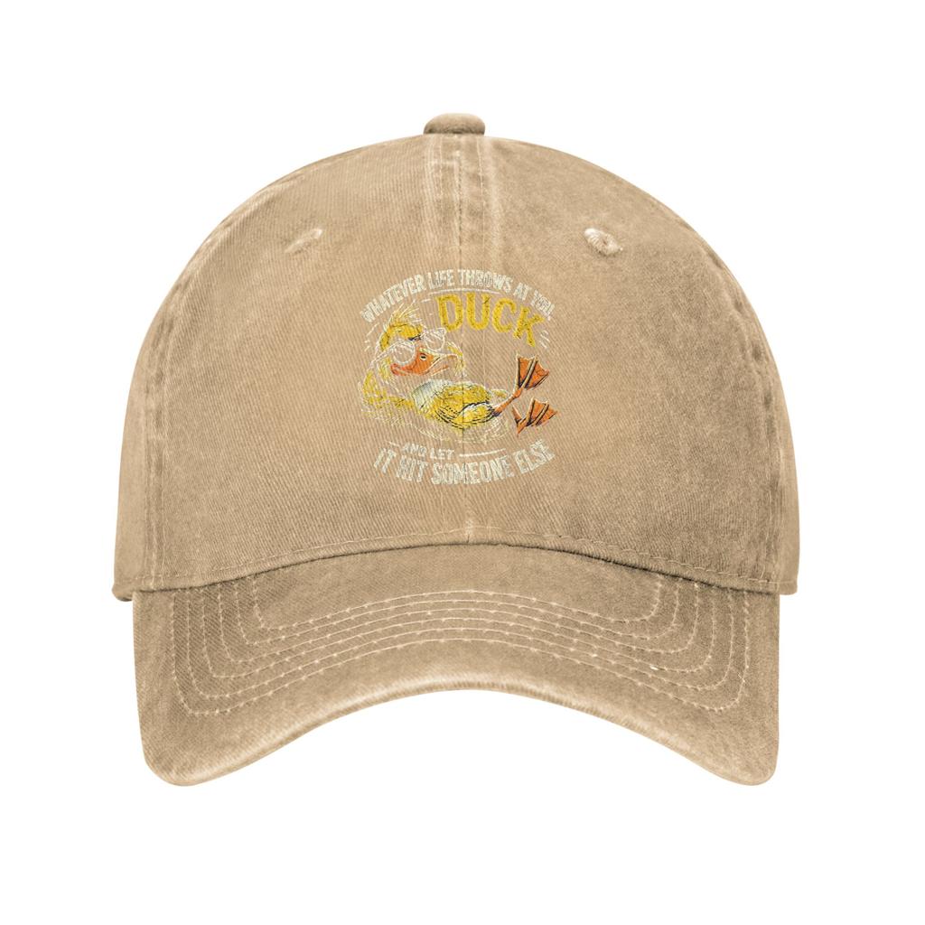 Whatevers Life Throws At You Duck Unstructured Baseball Cap Distressed Denim Humor Pun Sun Cap Unisex Women Outdoor Adjustable Hat