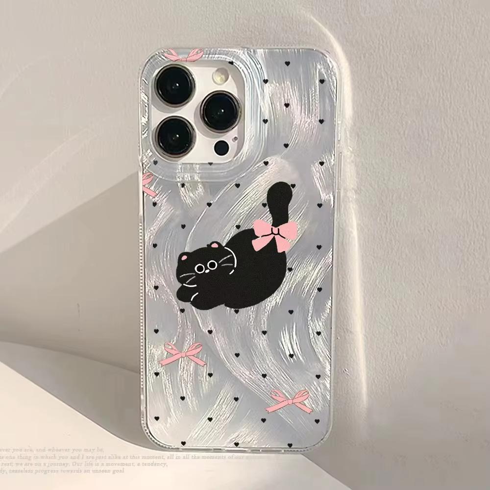 Милый Чехол Для Телефона С Черным Котом Для iPhone 17 Air 16 e 15 14 13 12 11 Pro Max Plus SE 2020 2022 Серебристый Чехол С Текстурой Пера