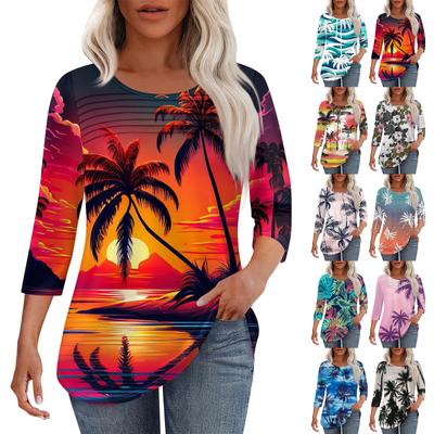 Женская мода круглый вырез шея плиссированная передняя планка с принтом рукав 3/4 топ