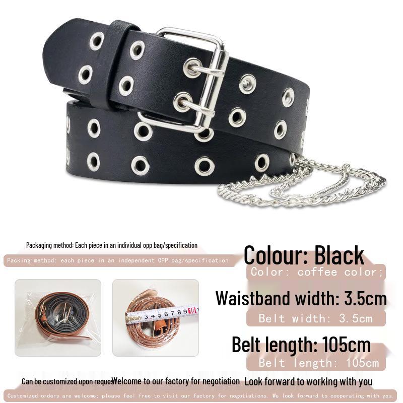 Women's Punk Chain Leather Belt with Rivet & Eyelet Details