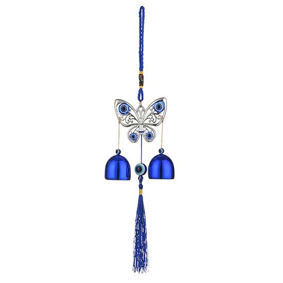 Синий злые глаза ветряная музыка с 2 колокольчиками для внутреннего и наружного использования в саду, патио, подвесной металлический ветряной колокольчик в форме сердца и дерева для бабочки