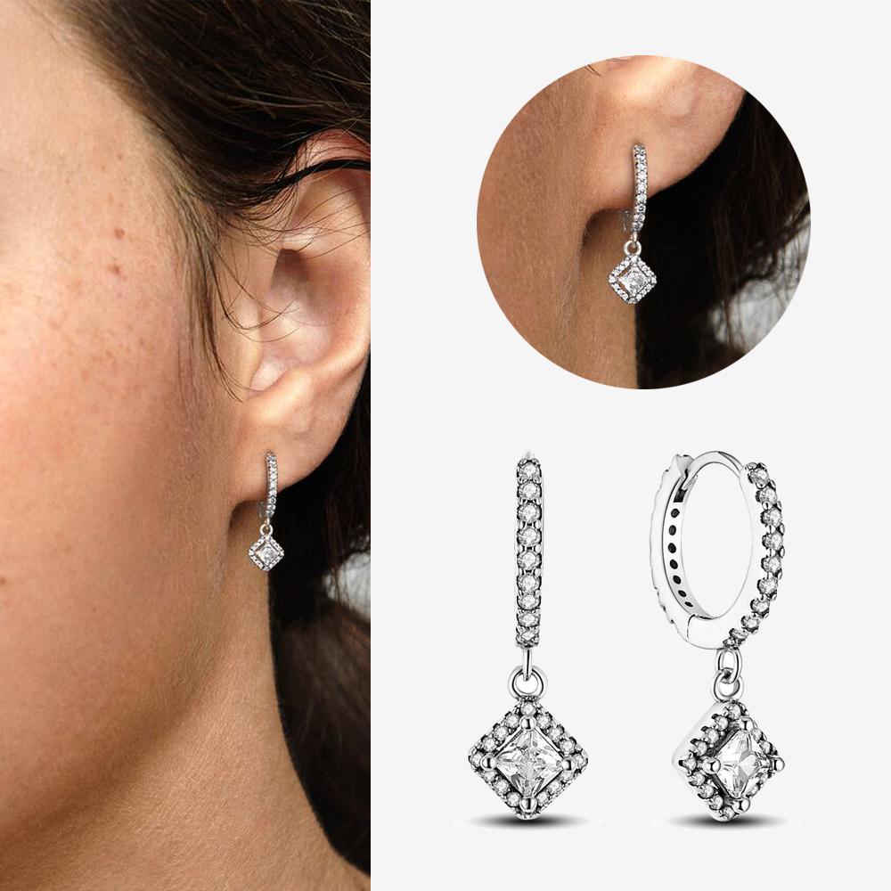 Authentic 925 Silver Cherry Blossom Bow Heart Hoop Stud Drop Earrings plata de ley Jewelry DIY Birthday Gift Original