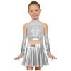 Girls Sleeveless Keyhole Back Sparkly Sequins Crop Top Metallic Flared Skirt Sequined Tassels Gloves