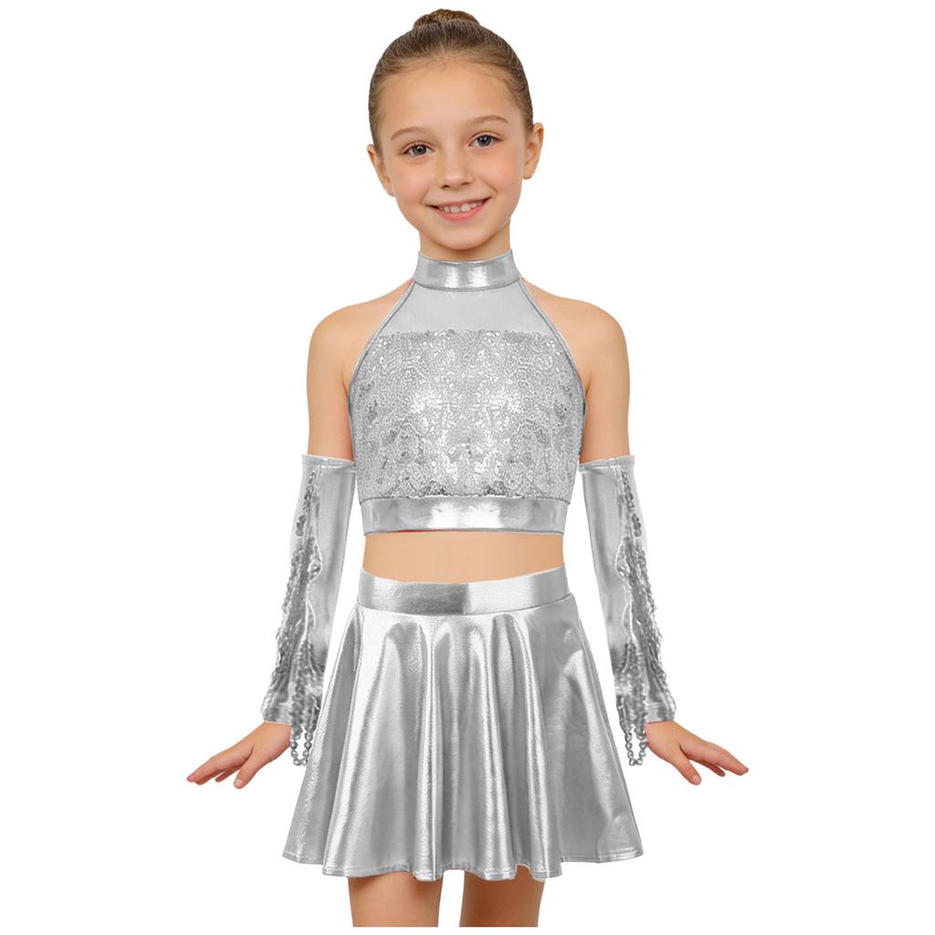 Girls Sleeveless Keyhole Back Sparkly Sequins Crop Top Metallic Flared Skirt Sequined Tassels Gloves