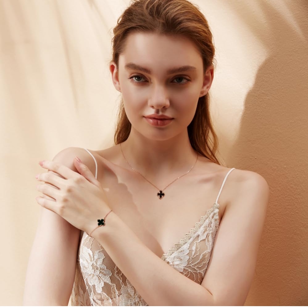 Necklace K18 Pink Gold Four Leaf Clover Pendant Natural Onyx Lucky 18K Gold Christmas Birthday Anniversary Present Gift Wrapping Included [FANCIME]