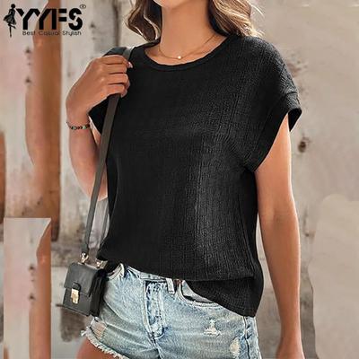 Женские модные повседневные летние весенние однотонные блузки и рубашки с короткими рукавами и круглым вырезом с принтом