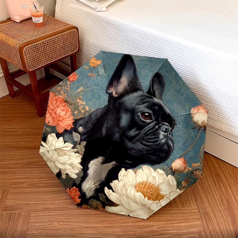 0106 Черный зонт-трость с цветочным узором и изображением собаки, автоматический складной, портативный и компактный дизайн, 8 спиц, рождественский или подарочный вариант.