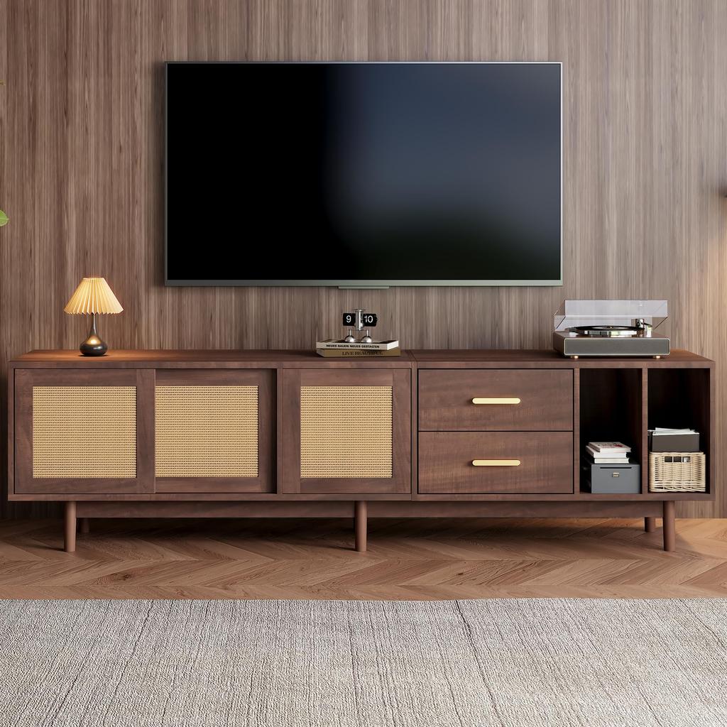 TV Ständer, Lowboard TV Board Schublade, Offene Staufächer, TV-Schrank Landhausstil Sideboard, Fernsehschrank Wohnzimmer Esszimmer, 190cm, Braun