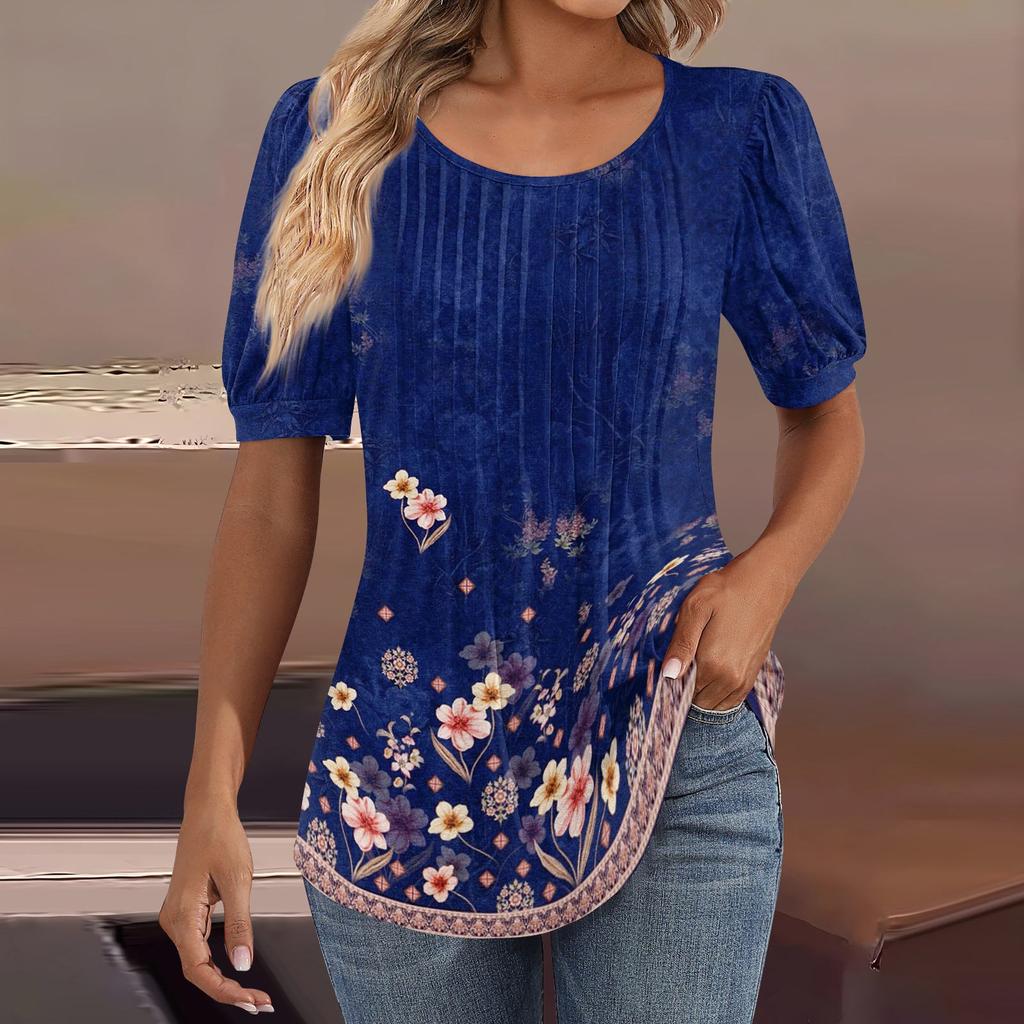 Женские пышные туники с короткими рукавами, топы, плиссированные блузки с воротником, повседневные свободные весенне-летние футболки
