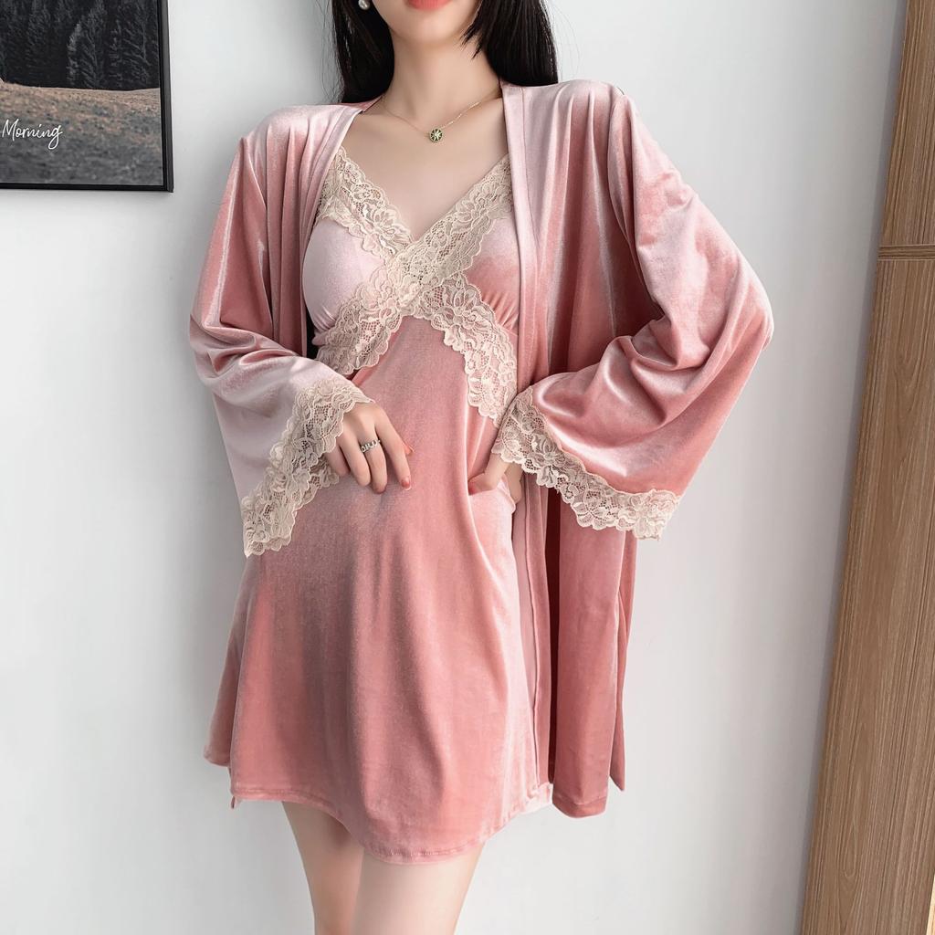 New Autumn Velvet 3PCS Pajamas Set Sleepwear Sexy Lace Trim Bath Robe Nightgown Loose Casual Velour Home Clothes Loungewear