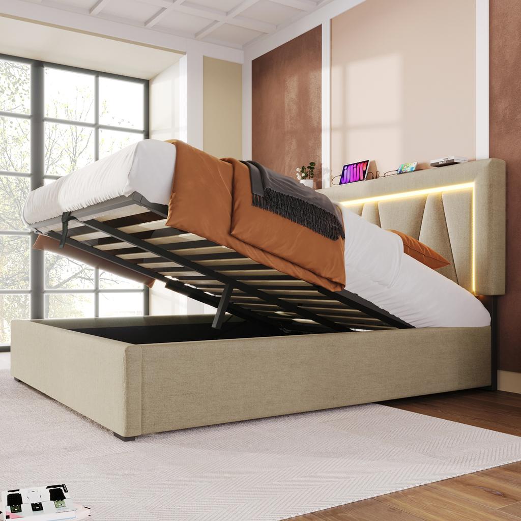 Upholstered LED Double Bed with USB Type C Charging and LED Lighting, Storage Bed Frame, Linen, Youth Bed 140x200 with Slatted Frame (No Mattress)