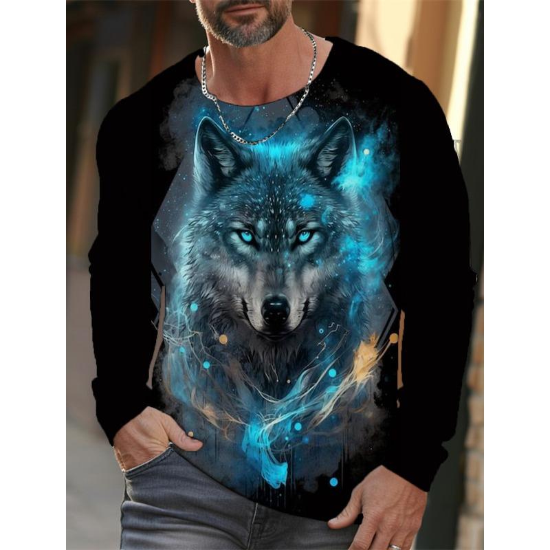 Футболка с длинным рукавом с рисунком волка для мужчин, повседневная футболка с принтом животных в стиле 3D, уличная одежда
