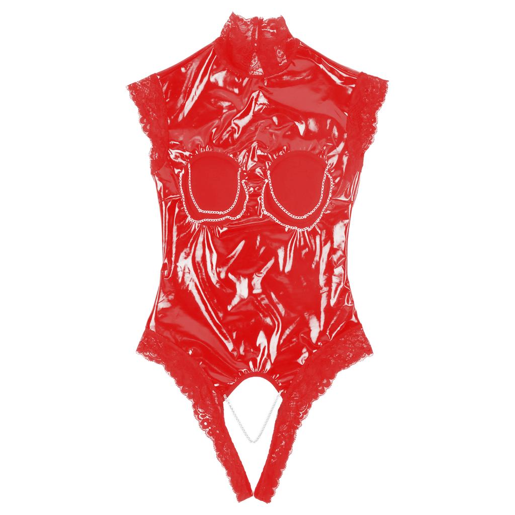 Женское цельное блестящее кожаное кружевное нижнее белье с высоким воротом и открытой грудью, ночное белье с вырезами, боди, трико, комбинезон 5XL