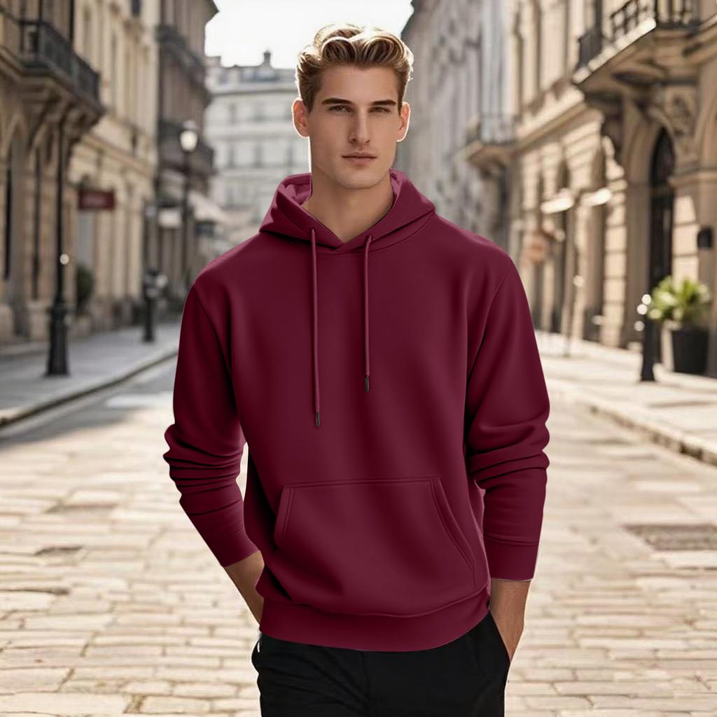 Men's Pullover Hooded Sweatshirt Solid Color Round Neck Loose Hoodie Long Sleeve Top