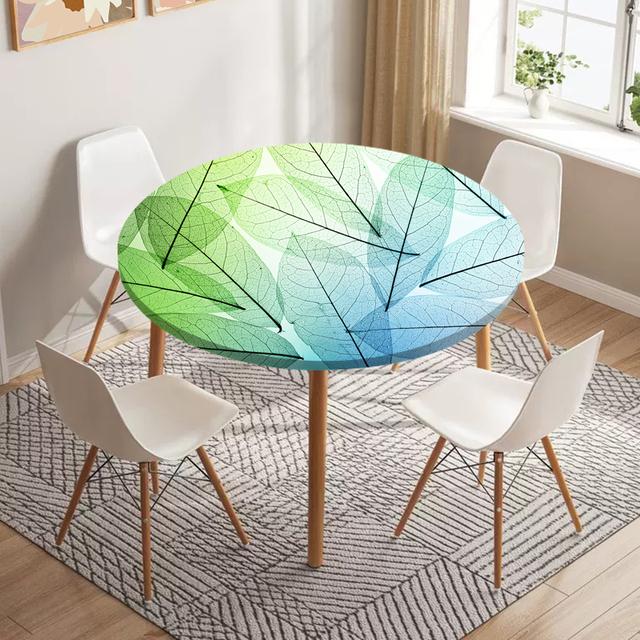 Skeleton Leaves Round Fitted Tablecloth Waterproof Dining Table Decoration Accessories Classic Pattern Table Cover Kitchen Decor