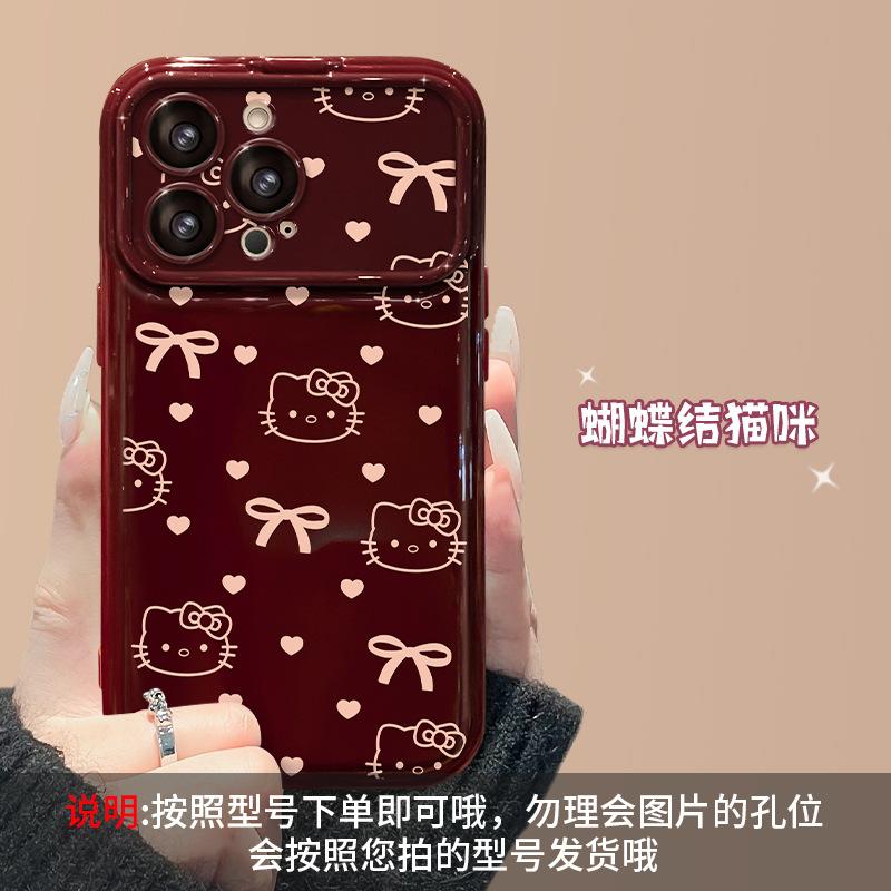 Шнурок Hello Kitty с бантом Подходит для Apple 13PRO Большое окно Чехол для мобильного телефона 14 Силиконовый Защита от падения 12 Милый 7/8