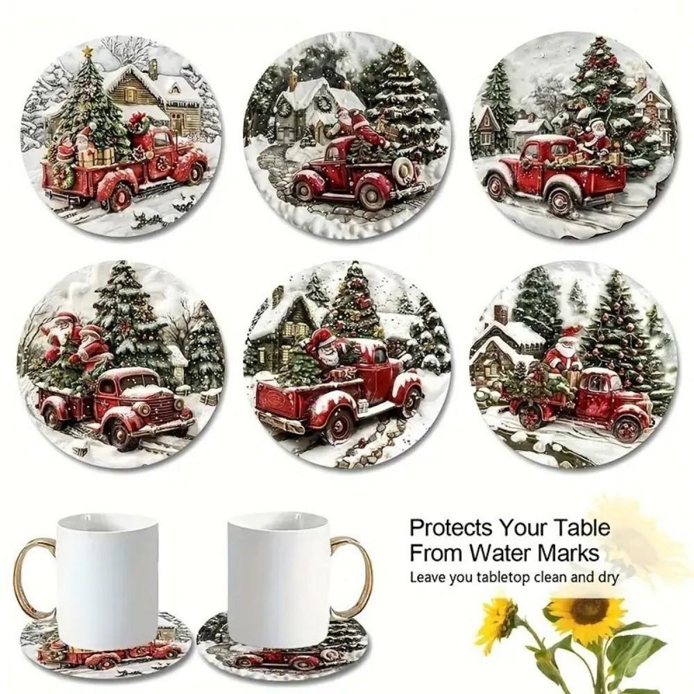 6pcs Wooden Santa Claus Coaster Snowman Coffee Cup Mat Christmas Drink Coaster Seasonal Decor