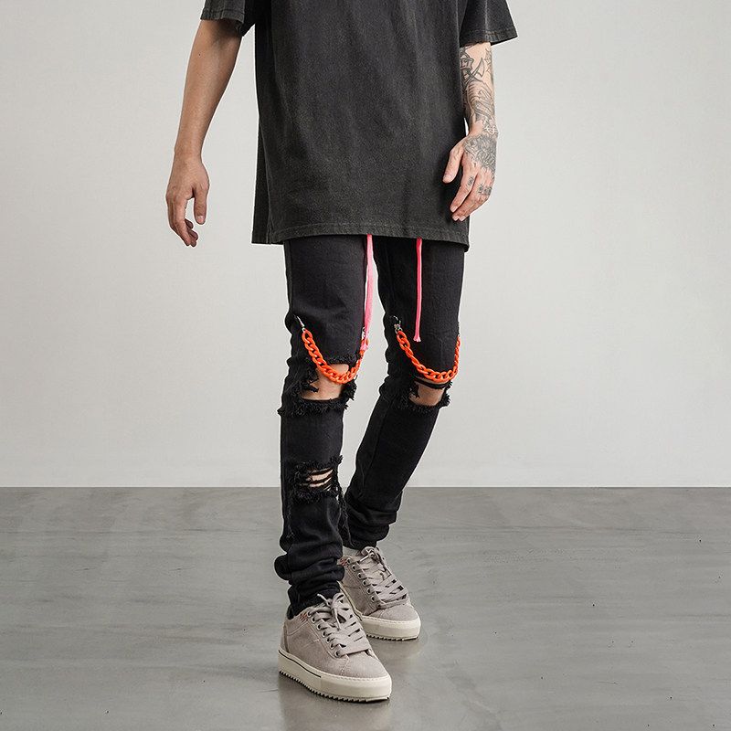 European and American High Street Style Chain-Decorated Slim-Fit Stretch Skinny Jeans Ins Trendy Rap Hip-Hop Drawstring Pants