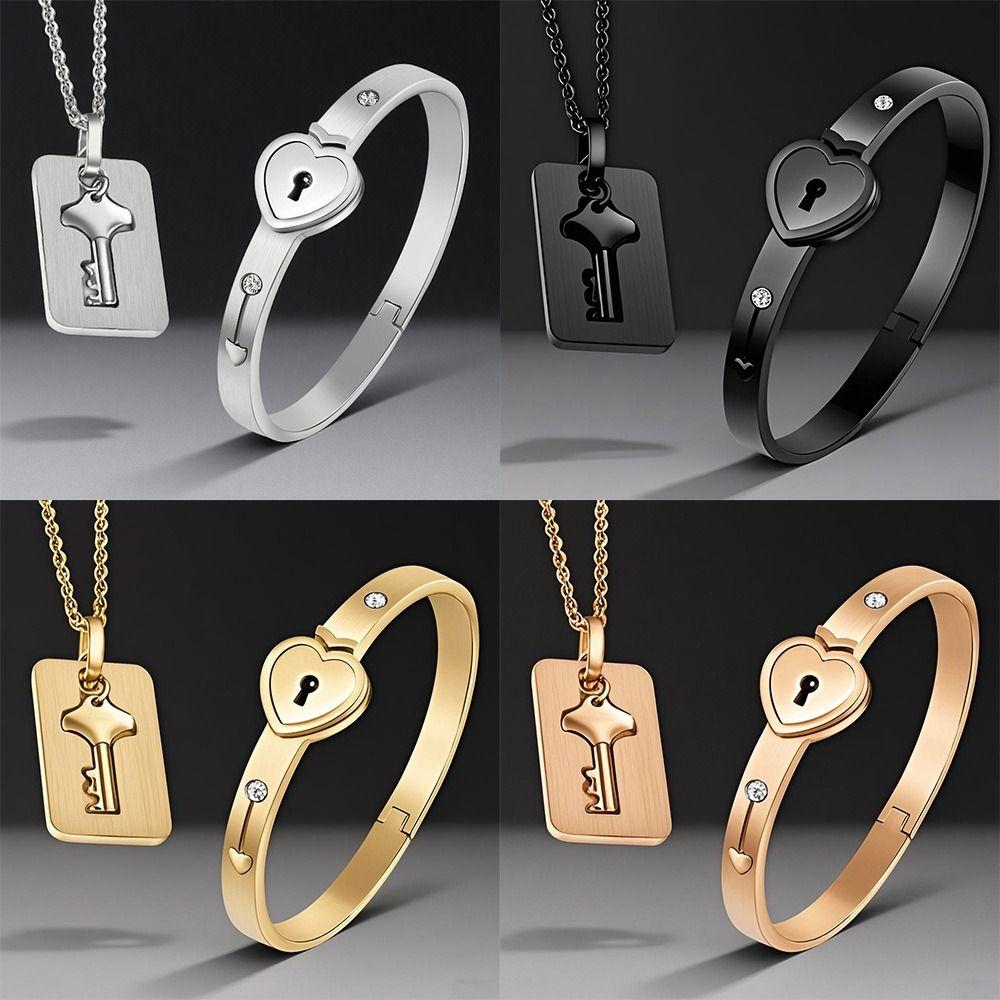 Gold Silver Heart Lock Bracelets Stainless Steel Key Pendant Necklace Women Men