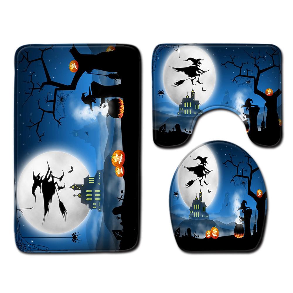 Halloween Shower Curtain Floor Mat Combination Four-Piece Set Bathroom Toilet Carpet Shower Room Foot Mat