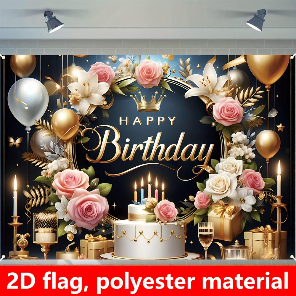 1 piece, elegant birthday flag, floral and gold design, with cake, gift and candle, birthday party decoration