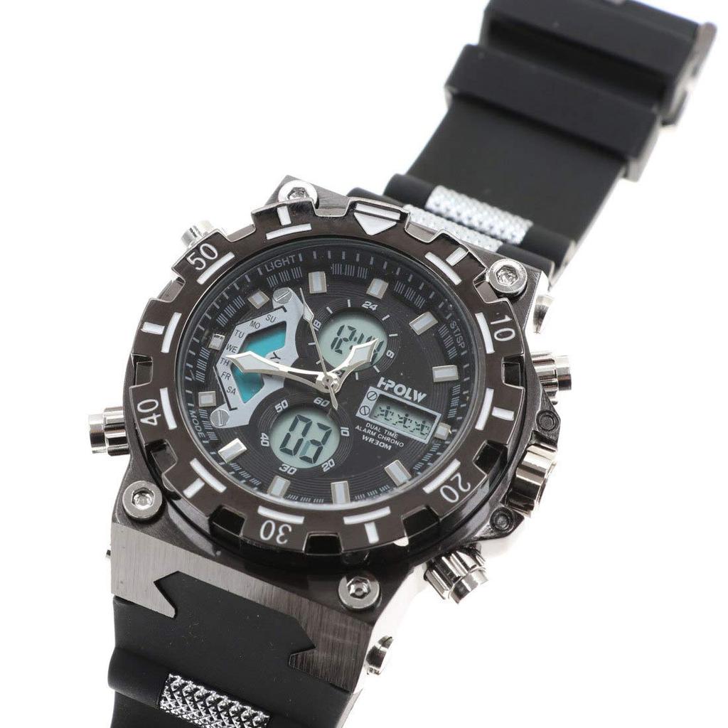 Водонепроницаемый Повседневный дисплей Месяц Дисплей даты Дисплей дня недели Тройной календарь Будильник Секундомер Подсветка Хронограф Продукт Черный [HPFS]