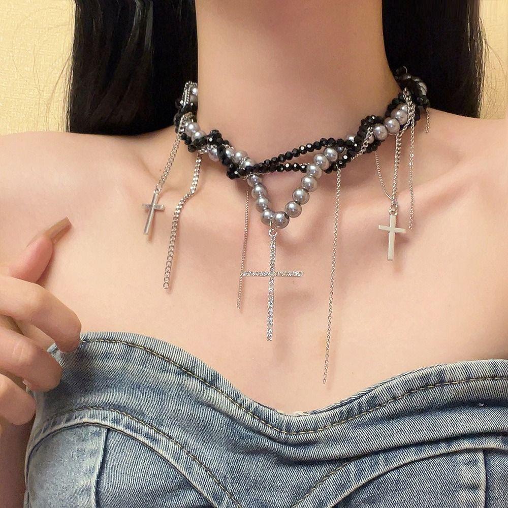 Multi-Layer Pearl Necklace Spice Girl Cross Pendant Necklace New Women's Choker
