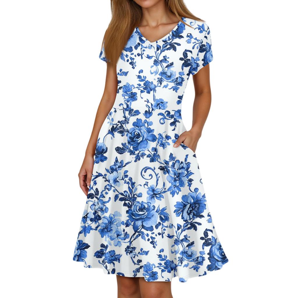 Ladies Summer Fashion Casual Floral Print V-Neck Short Sleeve Pocket Dress