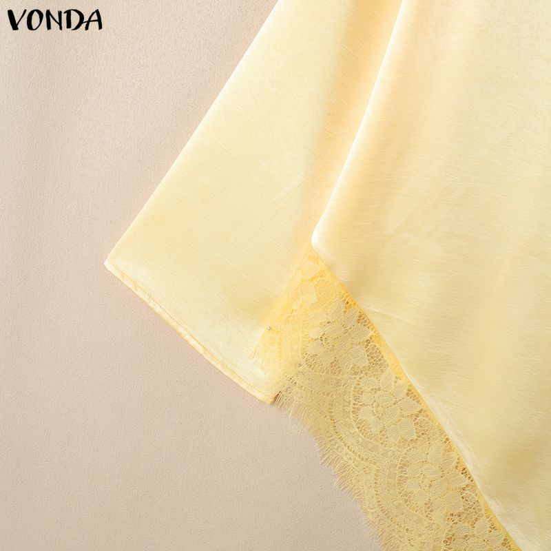VONDA Элегантная женская туника-блузка с воротником-стойкой, расклешенными рукавами, асимметричным подолом с кружевной отделкой, из атласа
