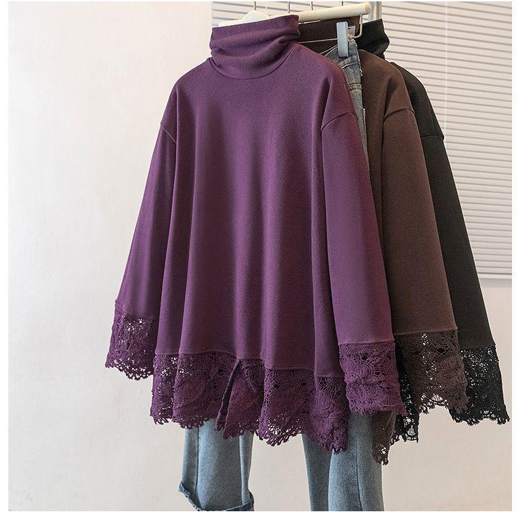 Женский топ большого размера из немецкого бархата с кружевом, длинный рукав, высокий воротник - Стройнящая осенне-зимняя верхняя одежда