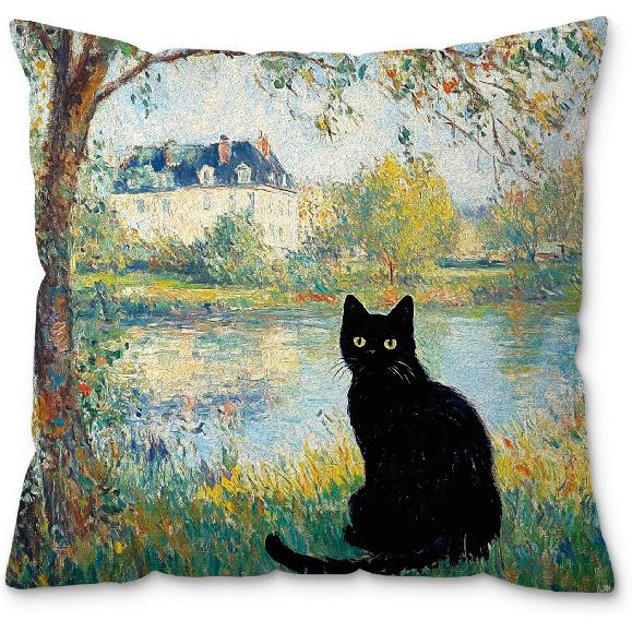 Boho Abstract Floral Black Cat Pillow Covers 18x18, Black Cat Gifts for Women, Cats Mom Lady Grandma Gifts, Whimsical Wildflower Kitten Decorative