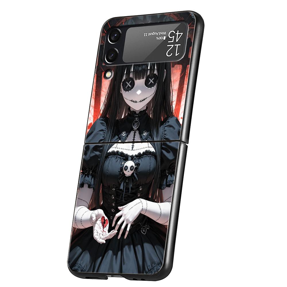 Hard PC Phone Case For Samsung Galaxy Z Flip 7 6 5 4 Black Cover For Galaxy Z Flip 3 Foldable Dark Cute Girl Doll Art Creative
