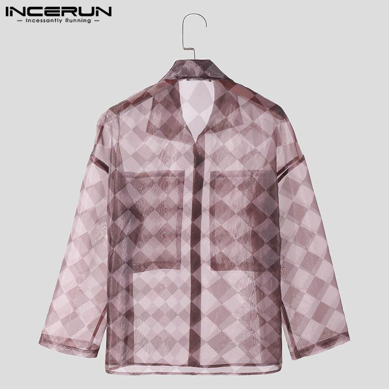 INCERUN Мужские рубашки с длинным рукавом в клетку с лацканами, прозрачные топы для вечеринок