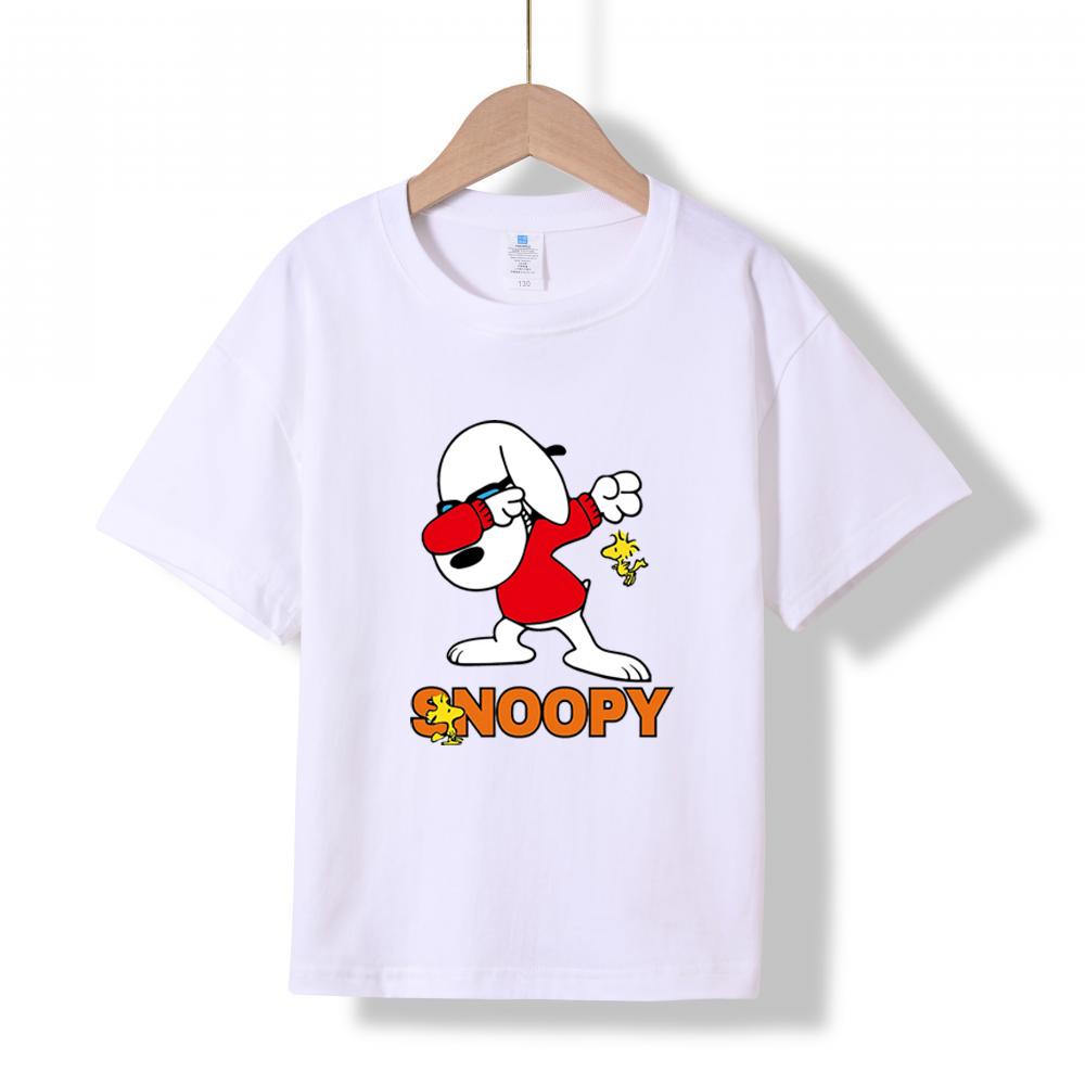 MC-89 MINISO 2026 Summer Kids 100% Cotton Snoopy Dabbing T-Shirt Peanuts Cartoon Woodstock Short Sleeve Tee for Boys & Girls