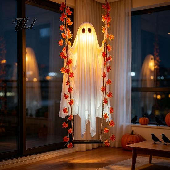 Lightweight Fabric Ghost Decor Halloween Hanging Swing Ghost, Light Up Outdoor Swinging with Maple Leaf LED Lights Vine And Remote Control for