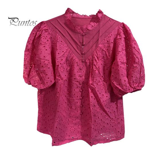 Женская рубашка с воротником-стойкой и V-образным вырезом, коротким рукавом, ажурным вышитым цветочным узором, кружевная блузка, повседневные нарядные топы