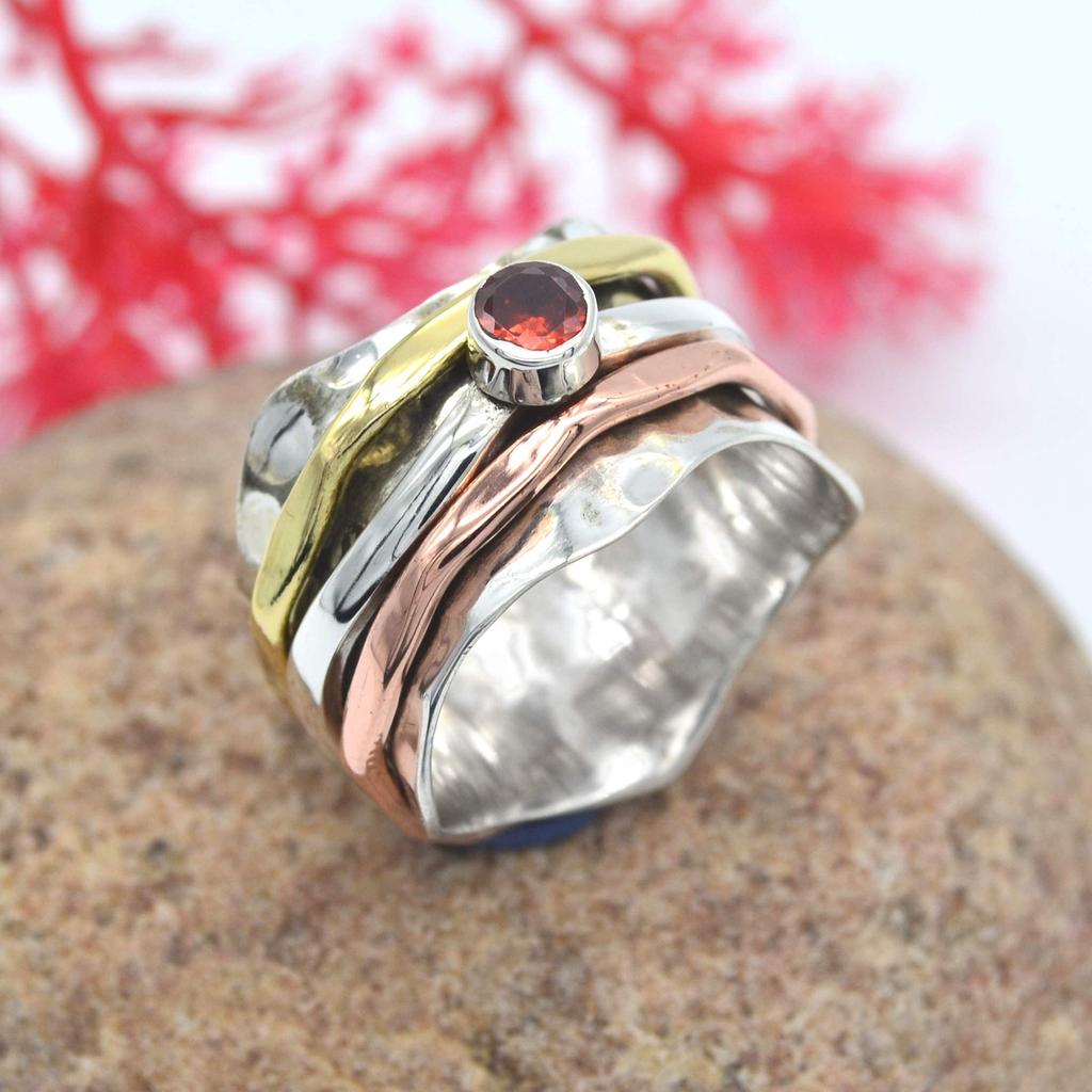 Кольцо Spinner Band, Кольцо с гранатом, Трехцветное кольцо, Серебряное кольцо 925 пробы, Женское кольцо, Заявление, Кольцо с камнем, Серебряные украшения, Кольцо в стиле бохо