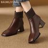 Кожаные массивные женские ботильоны на щиколотке, квадратный носок, модная обувь на среднем каблуке, тренд 2025, элегантные туфли-лодочки, зимняя классика, готические ботильоны для женщин