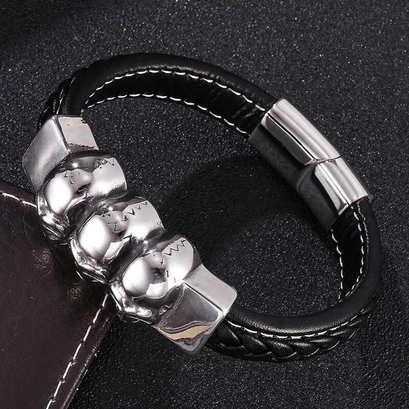 Панк-браслет Череп Скелет Нержавеющая сталь Кожаные браслеты и браслеты Мужские черные плетеные кожаные панк-мужские украшения BB0188