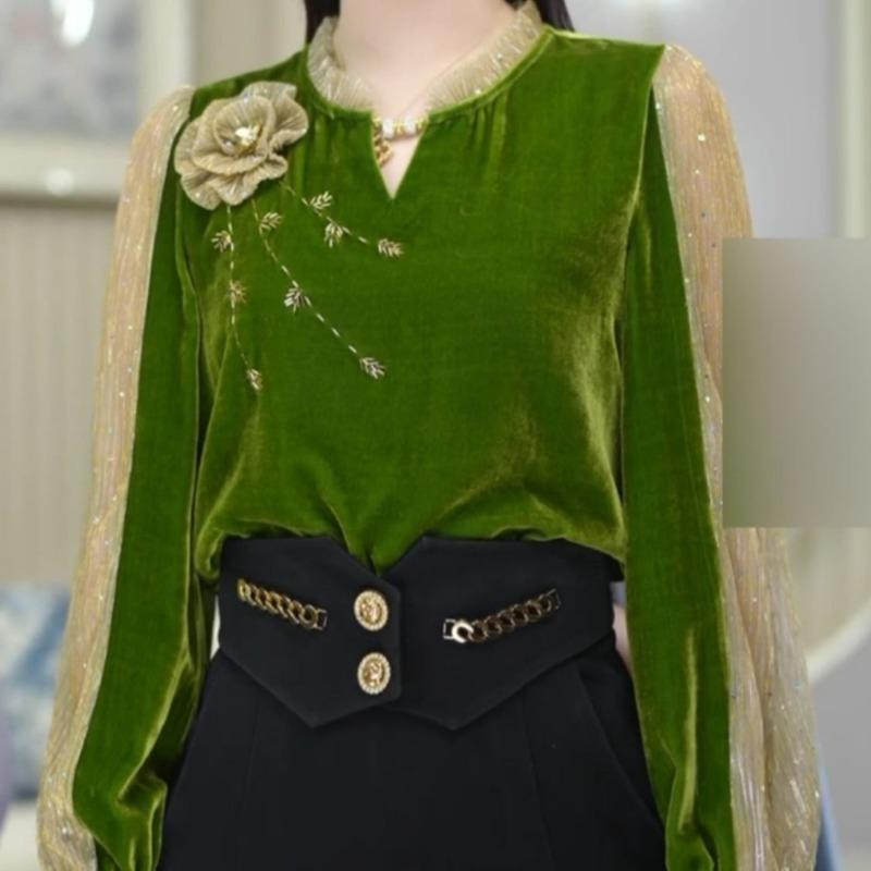 Женские винтажные стильные блузки с сетчатыми вставками, элегантный дизайн с 3D-цветком, рубашки для работы, осенние повседневные топы свободного кроя с V-образным вырезом и длинными рукавами