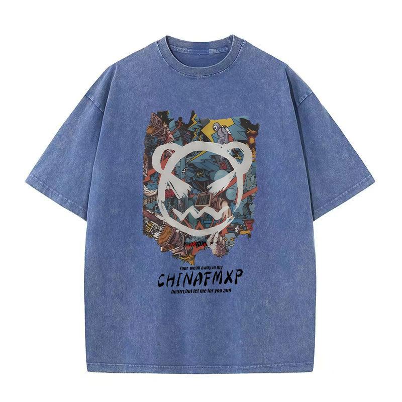 Футболка в стиле хип-хоп с короткими рукавами и круглым вырезом, свободная, с заниженной линией плеч, в стиле ретро с рисунком снежинок