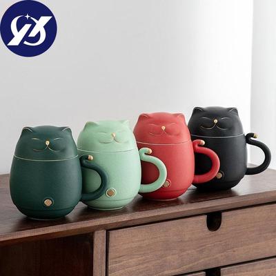 Tang Pincha - Керамическая чайная чашка Lucky Cat с заварочным устройством, кофейная чашка, чашка для чая с молоком, набор для питья, чашка для воды, уникальный дизайн, подарок для домашнего офиса, чашка для воды