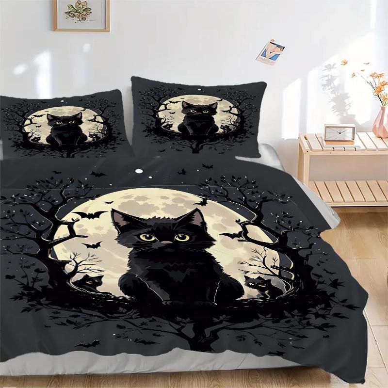 3pcs Moon and Black Cat Creative Design Quilt Cover Set - Soft and Cozy Bedroom, Guest Room and Dorm Decorative Bedding