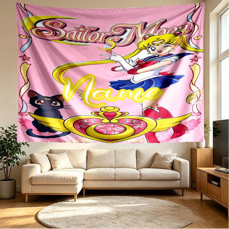 Custom Name Personalized Sailor Moon Print Tapestry, Wall Art Decor, Bedroom, Dorm, Apartment, LivingRoom, Party Backdrop, Gift for Birthday