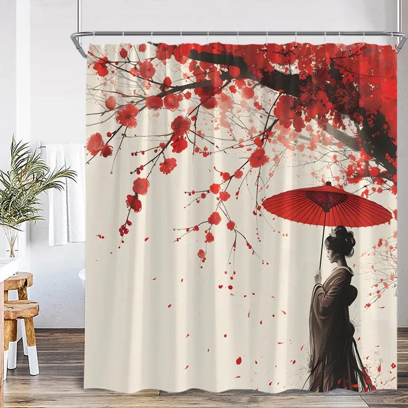 Japanese Landscape Shower Curtains Pink Cherry Blossom Mountain Lake Night Scenery Polyester Fabric Home Bathroom Curtain Decor
