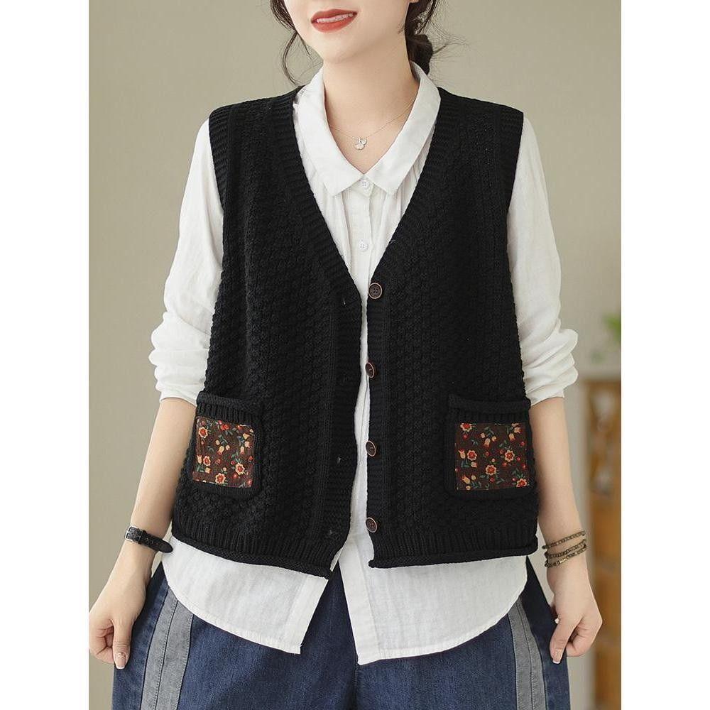 Женский вязаный жилет-кардиган из хлопка с цветочным накладным карманом, свободный и утягивающий, осенний повседневный с V-образным вырезом, без рукавов